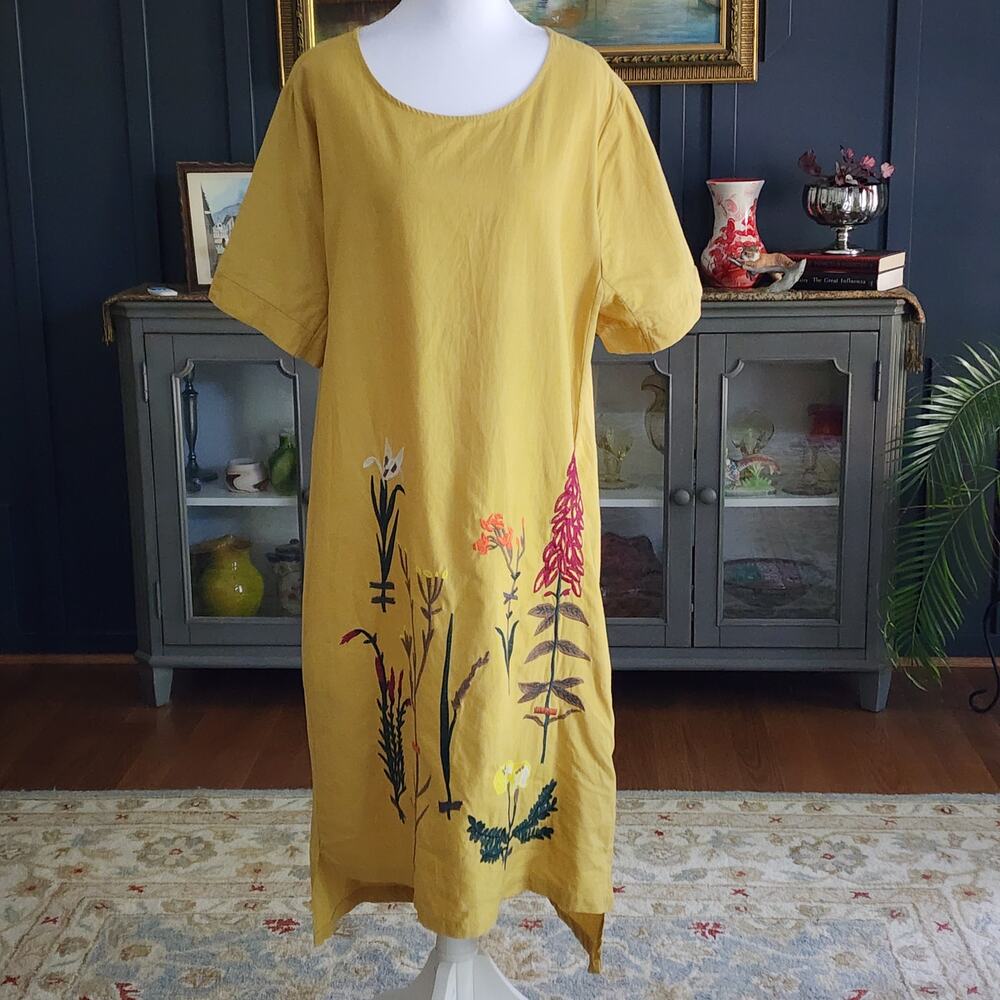 Minibee Lagenlook Linen Blend Embroidered Pocket Dress Mustard Sz XL